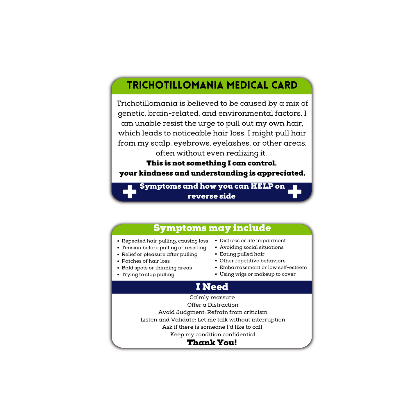 Trichotillomania Medical ID Card